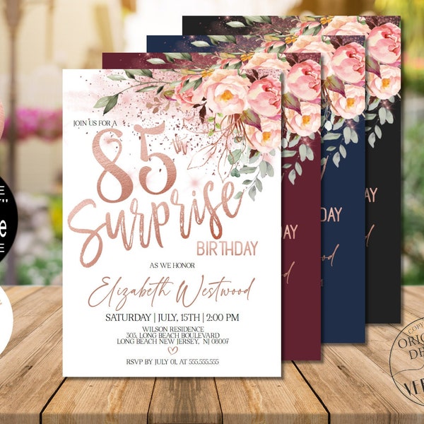 Surprise 85th Birthday Invitations for Women, Rose Gold Floral Surprise 85th Birthday Party Invitations Corjl Instant Download|VRD585BSS z3