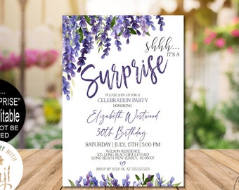 Surprise Birthday Invitation, Lavender Birthday Invitation for Women Invitation for her Digital Corjl Evite Instant Download|VRD200MS