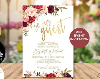 Be our guest Invitation, Be our guest Bridal Shower Invitation, beauty and the beast Birthday Digital Corjl Evite Instant Download|VRD137DV