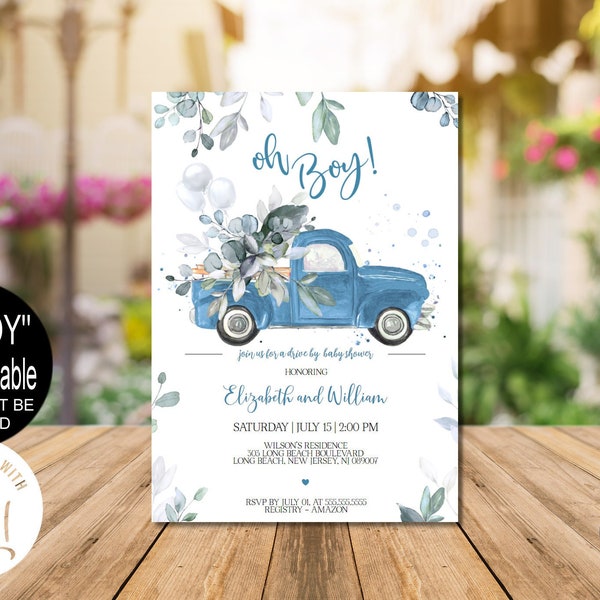 Blue Green Baby Shower Invitation Template, Digital Truck Eucalyptus Oh Boy Baby Boy Corjl Template Instant Download, Evite | VRD807SDG