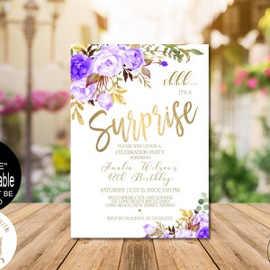 Surprise Purple Birthday Invitation for Women 60th 70th 75th 80th  surprise party invitation Any Age Corjl Instant Download Evite|VRD500DWP