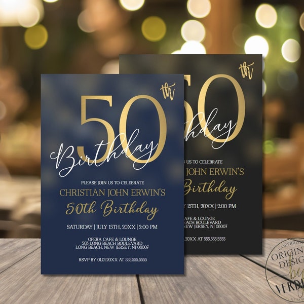 50th Birthday Invitations for Men 50th Birthday Party Invitation, Vintage 50th birthday invitation digital Corjl Instant Download |VRD250BKG