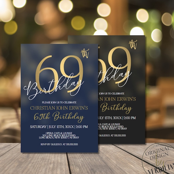 69th Birthday Invitations for Men,69th Birthday Party Invitation, Vintage 69th birthday invitation digital Corjl Instant Download |VRD269BKG