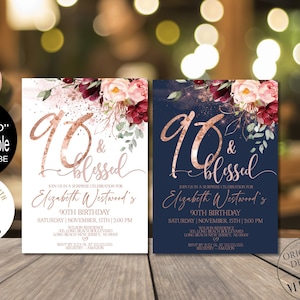 90 & Blessed 90th Birthday Invitations for Women, Burgundy Rose Gold 90th Birthday Party invite, Evite Corjl Instant Download|VRD590DFB z3