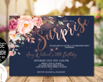 Rose Gold Surprise Birthday Invitation Digital, Surprise Birthday Invite for Women, Printable Corjl Evite Instant Download |VRD500LDN 97