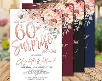 Surprise 60th Birthday Invitations for Women, Rose Gold Floral Surprise 60th Birthday Party Invitations Corjl Instant Download|VRD560BSS z3