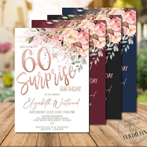 Surprise 60th Birthday Invitations for Women, Rose Gold Floral Surprise 60th Birthday Party Invitations Corjl Instant Download|VRD560BSS z3
