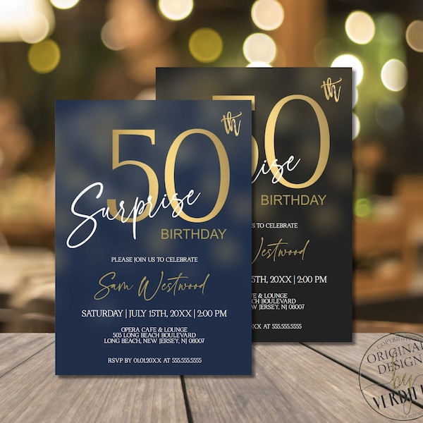 Surprise 50th Birthday Invitations for Men, Vintage 50th Birthday Party Invitation Digital Corjl Evite Instant Download |VRD250BKS