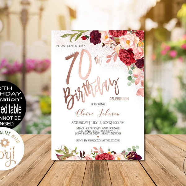 Burgundy Rose Gold 70th Birthday Invitations for Women, Burgundy Birthday Invitation, Digital Corjl Evite Instant Download | VRD570RSR 93