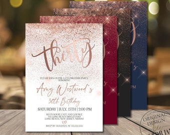 Rose Gold 30th birthday invitations for women magenta Birthday Invitation for Women Digital Birthday Party Corjl Instant Download| VRD530SVR