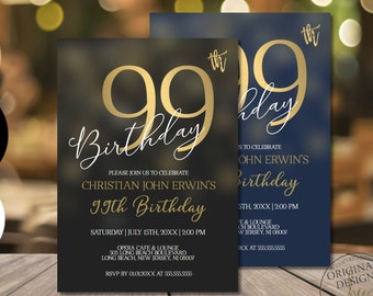 99th Birthday Invitations for Men,99th Birthday Party Invitation, Vintage 99th birthday invitation digital,Corjl Instant Download |VRD299BKG