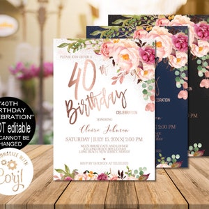 40th Birthday Invitation for Women, Digital Blush Pink Rose Gold Floral Birthday Party Invitation, Corjl Instant Download, Evite|VRD540GSR