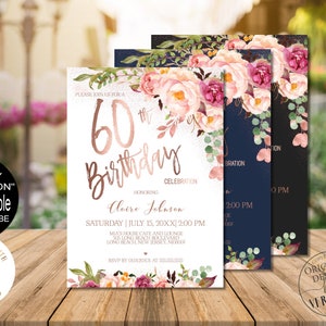 60th Birthday Invitation for Women, Digital Blush Pink Rose Gold Floral Birthday Party Invitation, Corjl Instant Download, Evite|VRD560GSR