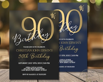 90th Birthday Invitations for Men 90th Birthday Party Invitation, Vintage 90th birthday invitation Digital Corjl Instant Download |VRD290BKG