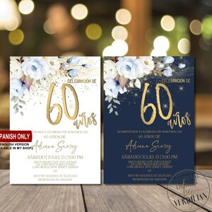 Spanish 60th Birthday Invitation for Women, 60 Cumpleanos Blue Gold 60th Birthday Invitation Digial Corjl Instant Download |VRD560NVB