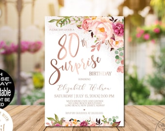 Faire-part 80e anniversaire surprise pour femme, or rose floral, faire-part 80e anniversaire surprise Corjl, téléchargement immédiat|VRD580VSR