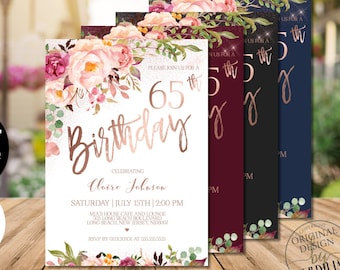 65th Birthday Invitation for Women, Digital Blush Pink Rose Gold Floral Birthday Party Invitation, Corjl Instant Download, Evite| VRD565HDV