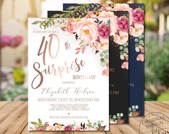 Surprise 40th Birthday Invitations for Women, Rose Gold Floral Surprise 40th Birthday Party Invitations Corjl Instant Download|VRD540VSR