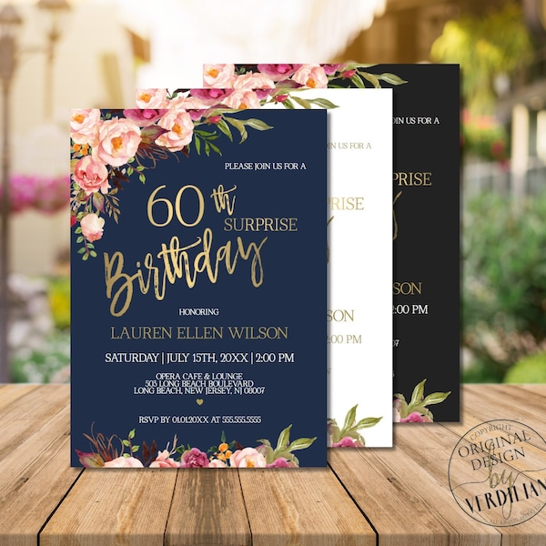 Surprise 60th Birthday Invitations for women 60th Surprise Birthday Invitation 60th Birthday Party,Digital Corjl Instant Download|VRD260THNS