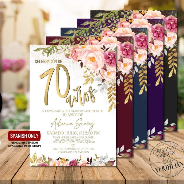 Spanish 70th Birthday Invitation for Women, 70 Cumpleanos Pink Floral Gold 70th Birthday Invitation Digial Corjl Instant Download |VRD570SSV