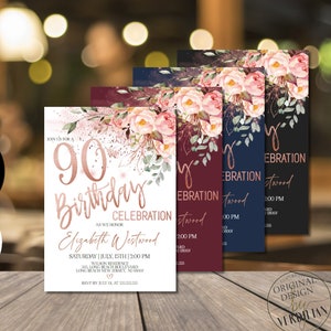 90e verjaardagsuitnodigingen voor vrouwen, digitale roségouden bloemen 90e verjaardagsfeestuitnodigingen Evite Corjl Instant Download|VRD590BSB z3