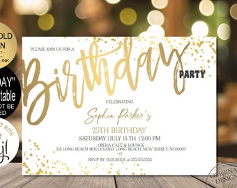 Gold Birthday Invitation Digital Printable Template Gold Editable Birthday Party Invitation for Women Corjl Evite Instant Download|VRD200WWG