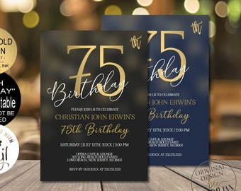 75th Birthday Invitations for Men 75th Birthday Party Invitation, Vintage 75th birthday invitation digital Corjl Instant Download |VRD275BKG