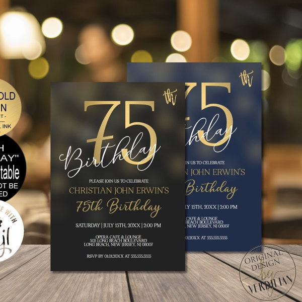 75th Birthday Invitations for Men 75th Birthday Party Invitation, Vintage 75th birthday invitation digital Corjl Instant Download |VRD275BKG