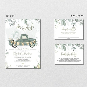 Baby Shower Invitation Boy Digital Invite Sage Green Truck Diaper Raffle Card and Book Request Card Instant Download Printable Corjl| 810LWG
