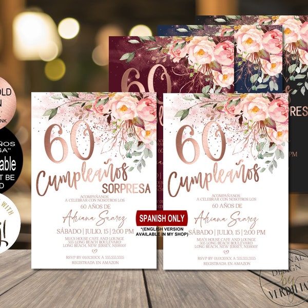 Spanish 60th Birthday Invitation for Women, 60 Cumpleanos Pink Rose Gold 60th Birthday Invitation Digial Corjl Instant Download |VRD560STR