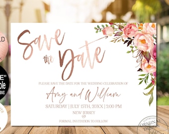 Save The Date Digital, Rose Gold save the date Evite, Blush Pink Floral Save the Date Corjl Phone Instant Download|VRD156DGR 99