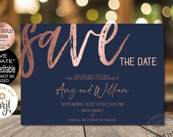 Save The Date Template, Navy Blue and Rose Gold save the date, Rose Gold and Navy Blue Digital Corjl Evite Download instantly| VRD115NDG