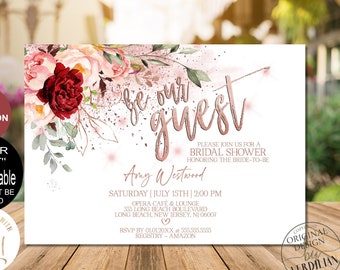 Magenta Be our guest Invitation, Be our guest Bridal Shower Invitation, Burgundy Birthday Digital Corjl Evite Instant Download|VRD137DVS