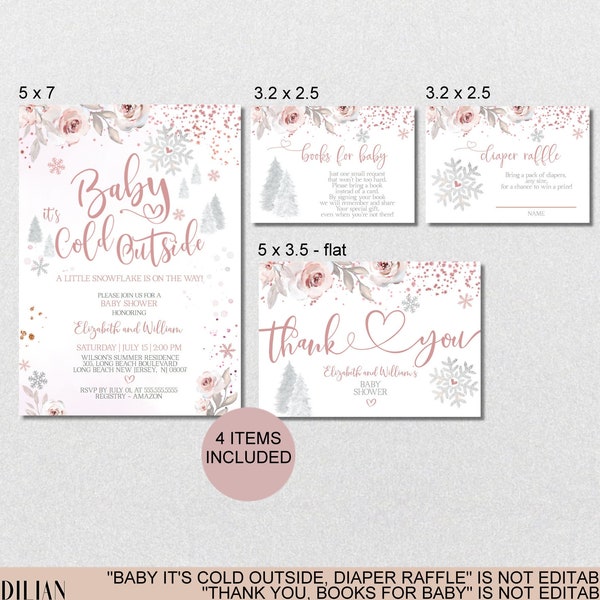 Baby its Cold Outside Baby Shower Invitation Girl Pink Teddy Bear Winter Digital Girl Baby insert CARDS SET Corjl Instant Download|VRD162LKW