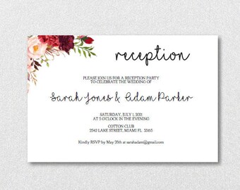 Wedding Reception Card -Burgundy Flowers Watercolor Blush Floral We do-DIY Printable Wedding Invitations-PDF-Download Instantly| VRD137RHL