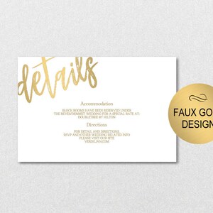 DIY Details Card Editable Template, Printable Gold Insert Info Card, DIY PDF Instant Download | VRD110GDT