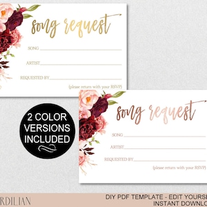 Song Request Card Printable Template - Marsala Rose Gold Floral Wedding Song Request Insert Card-PDF-Download Instantly| VRD130KSM 93