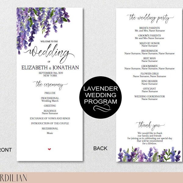 Lavender Wedding Program Printable, Wedding Program Template - Rustic Wedding Program-DIY Editable PDF-DOWNLOAD Instantly | VRD138PL