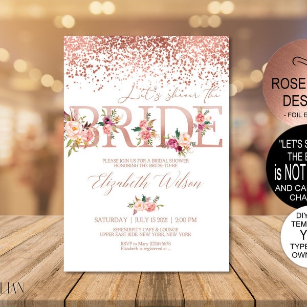 DIY Rose Gold Confetti Floral  Bridal Shower Invitation, Wedding Shower Invitations, DIY PDF Printable Template Instant Download|VRD176BDR