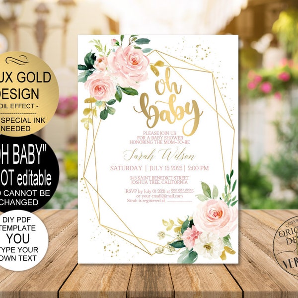 Blush Floral Gold Geometric Baby Shower Invitation Template, Oh Baby Invite - DIY PDF Printable Invitation - Instant Download|VRD181ZLG