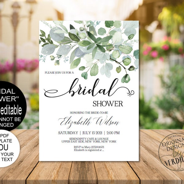 Eucalyptus Greenery Bridal Shower Invitation,Bridal Shower Invite,Rustic Wedding Shower DIY Printable PDF Template Instant Download|VRD855BS