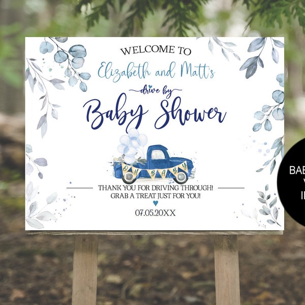 Drive by Truck Blue Greenery Baby Shower Welcome Sign Template, Reception Greet Guests, DIY Printable Poster Board| VRD809WSD