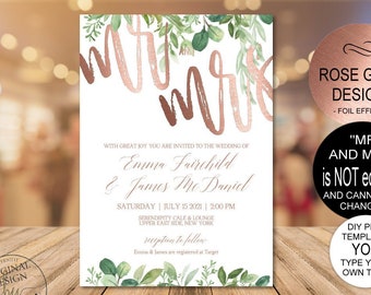 Greenery Rose Gold Wedding Invitation Template Set - DIY PDF Printable Invite Set -Download Instantly | VRD108SVR