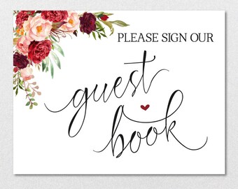 Guest Book Sign Printable Template, Please Sign our Guest Book Burgundy Printable  DIY Template, Wedding Sign | VRD137GWC