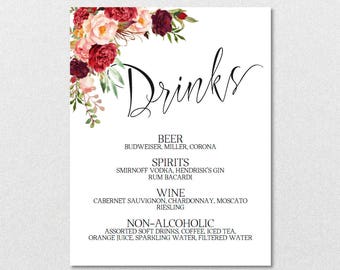 Alcohol Sign, Wedding Bar Menu, Wedding Drink Sign, Wedding Bar Sign, Wedding Party Sign -DIY Editable PDF-Instant DOWNLOAD|VRD137GWN