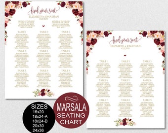 Seating Chart Wedding Template, Floral Marsala Peonies Wedding Seating Chart Printable - DIY Editable PDF-DOWNLOAD Instantly | VRD137MNWG