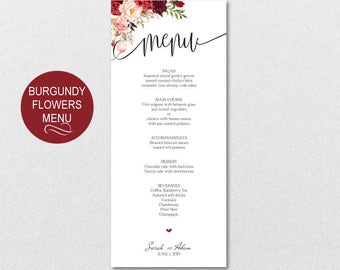 Floral Burgundy Wedding Menu Template - Flowers Watercolor Menu - Printable Wedding Menus - DIY Editable PDF - DOWNLOAD Instantly | VRD137JB