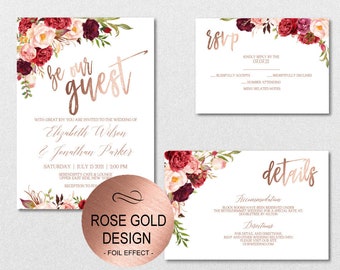 Burgundy Floral Rose Gold Wedding Invitation Template Set - Watercolor Flowers DIY Printable PDF Invitations-Download Instantly| VRD137WDR