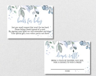 Diaper Raffle Card and Book Request Card, Blue Greenery Printable Insert Cards Set, Baby Shower Insert PDF-Instant Download|VRD163LWK