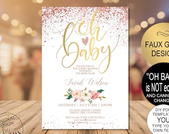 Blush Floral Gold Rose Gold Baby Shower Invitation Template,Oh Baby Glitter Confetti DIY PDF Printable Invitation-Instant Download|VRD830HDR